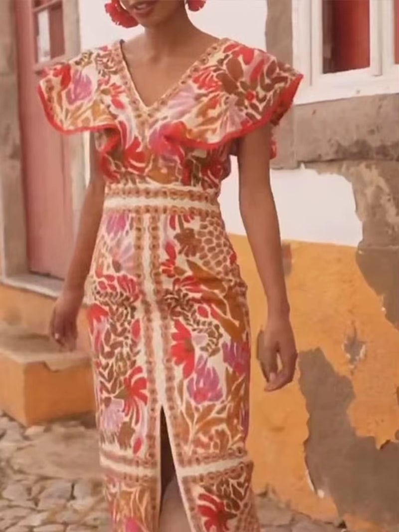 2025 Summer Backless Print Dress for Women – Sexy V Neck Long Dress with Butterfly Sleeves and Split