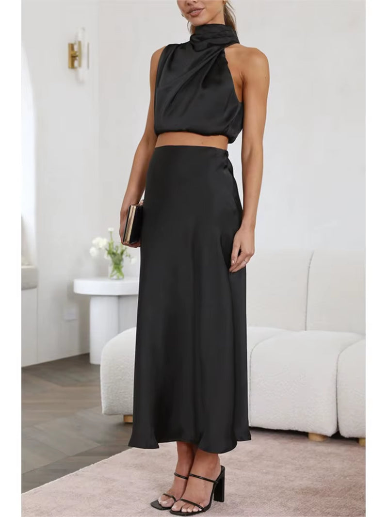 Satin Elegance: Women’S Two-Piece Sleeveless Long Skirt Set