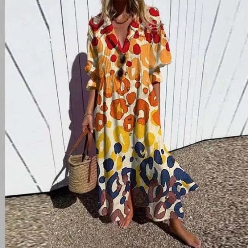 Boho Drift: Retro Print V-Neck Vacation Maxi Dress 2025