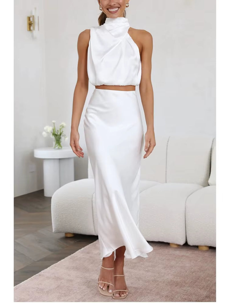 Satin Elegance: Women’S Two-Piece Sleeveless Long Skirt Set