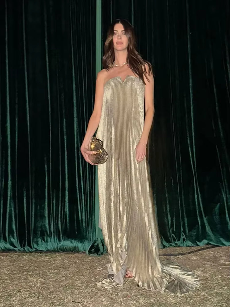 Timeless Grace: Elegant Pleat Long Dress Women Loose Tube Top