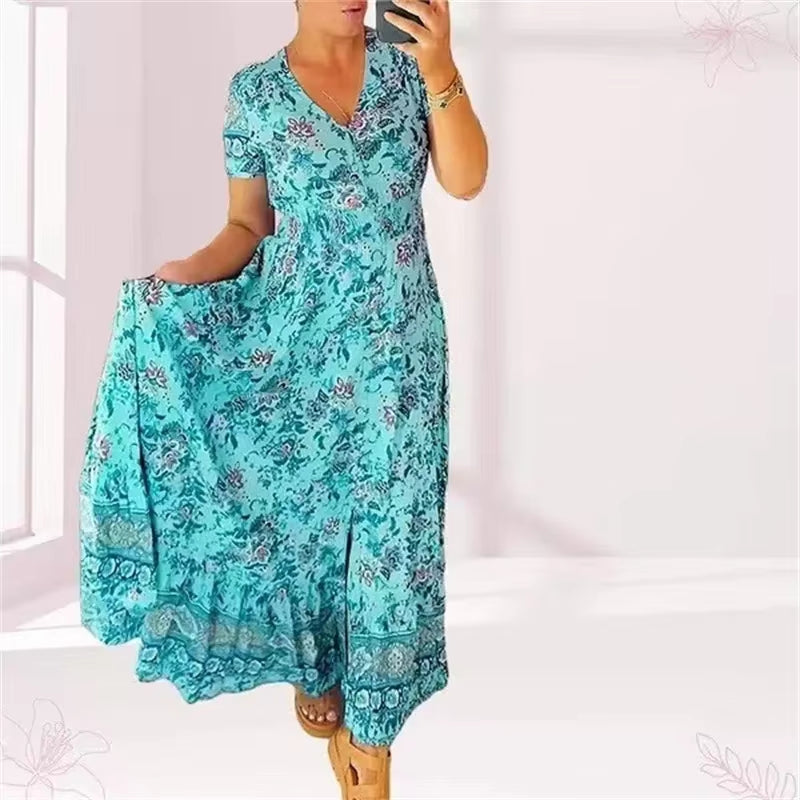 Floral Allure: Elegant Women’S Flower Print Deep V-Neck Dress