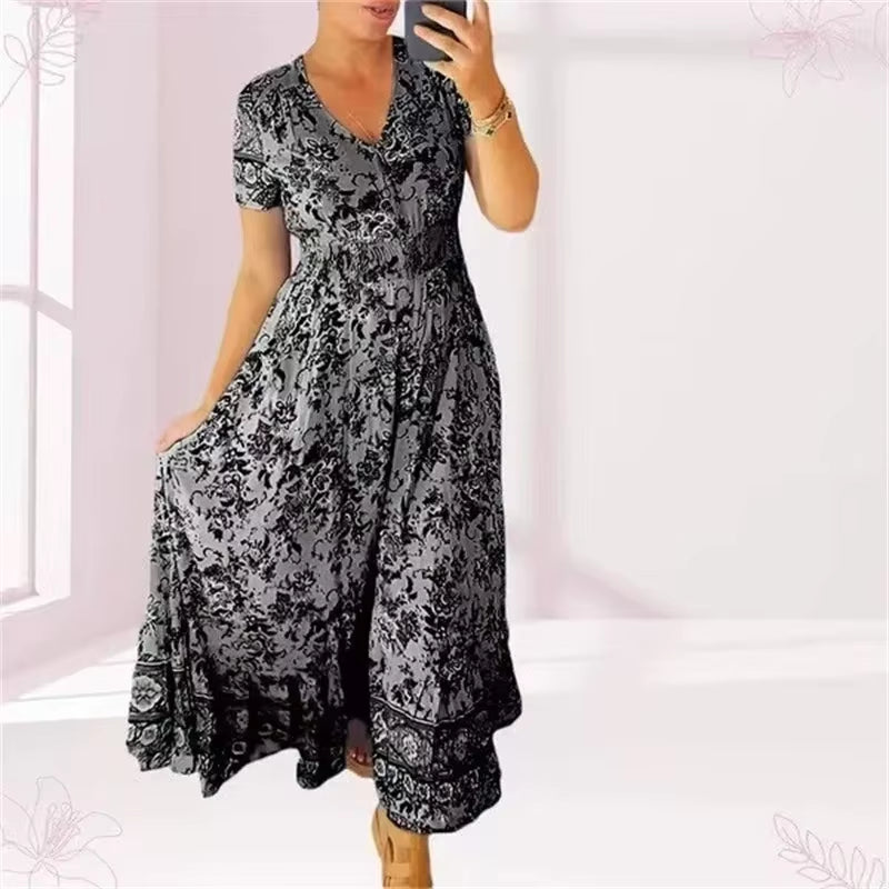 Floral Allure: Elegant Women’S Flower Print Deep V-Neck Dress
