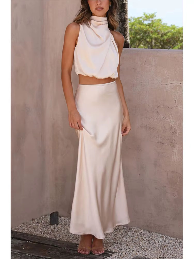 Satin Elegance: Women’S Two-Piece Sleeveless Long Skirt Set