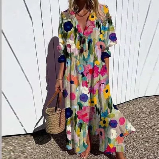 Boho Drift: Retro Print V-Neck Vacation Maxi Dress 2025