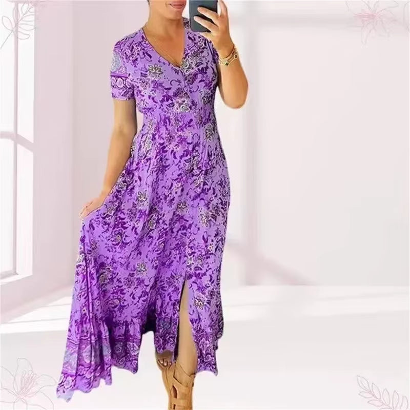 Floral Allure: Elegant Women’S Flower Print Deep V-Neck Dress