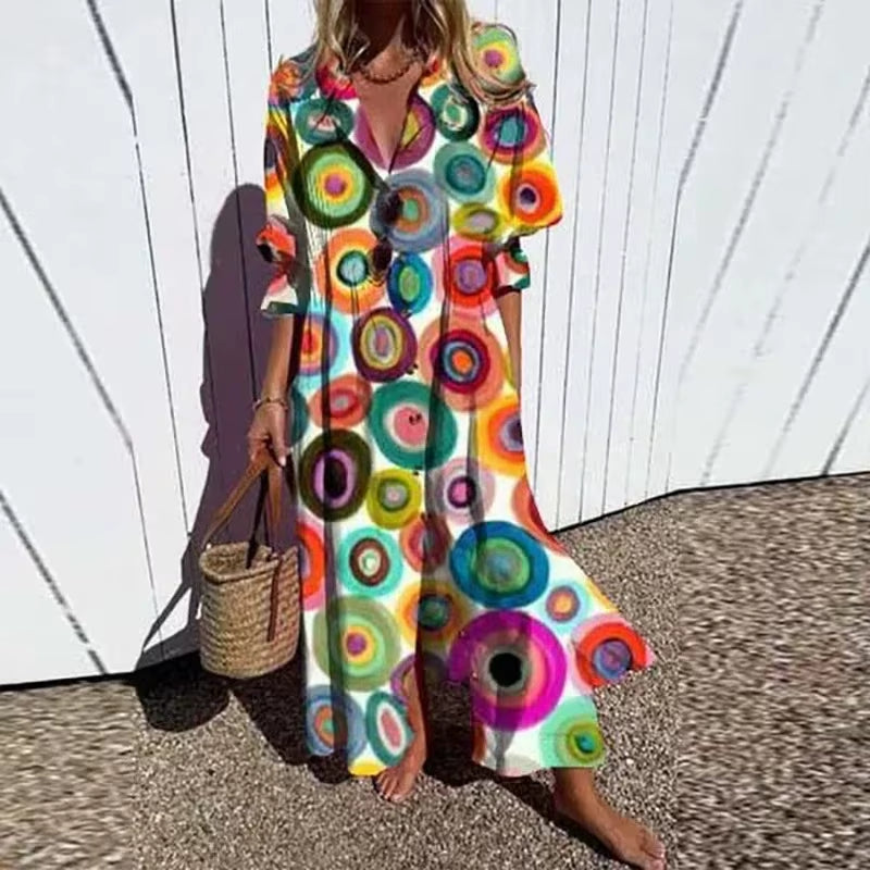 Boho Drift: Retro Print V-Neck Vacation Maxi Dress 2025