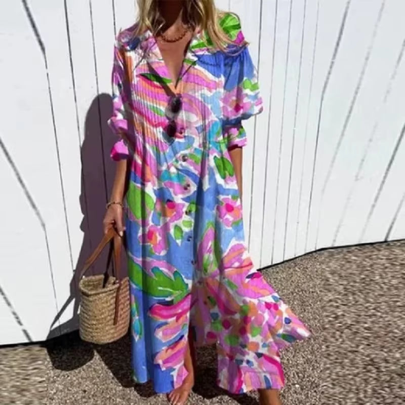 Boho Drift: Retro Print V-Neck Vacation Maxi Dress 2025
